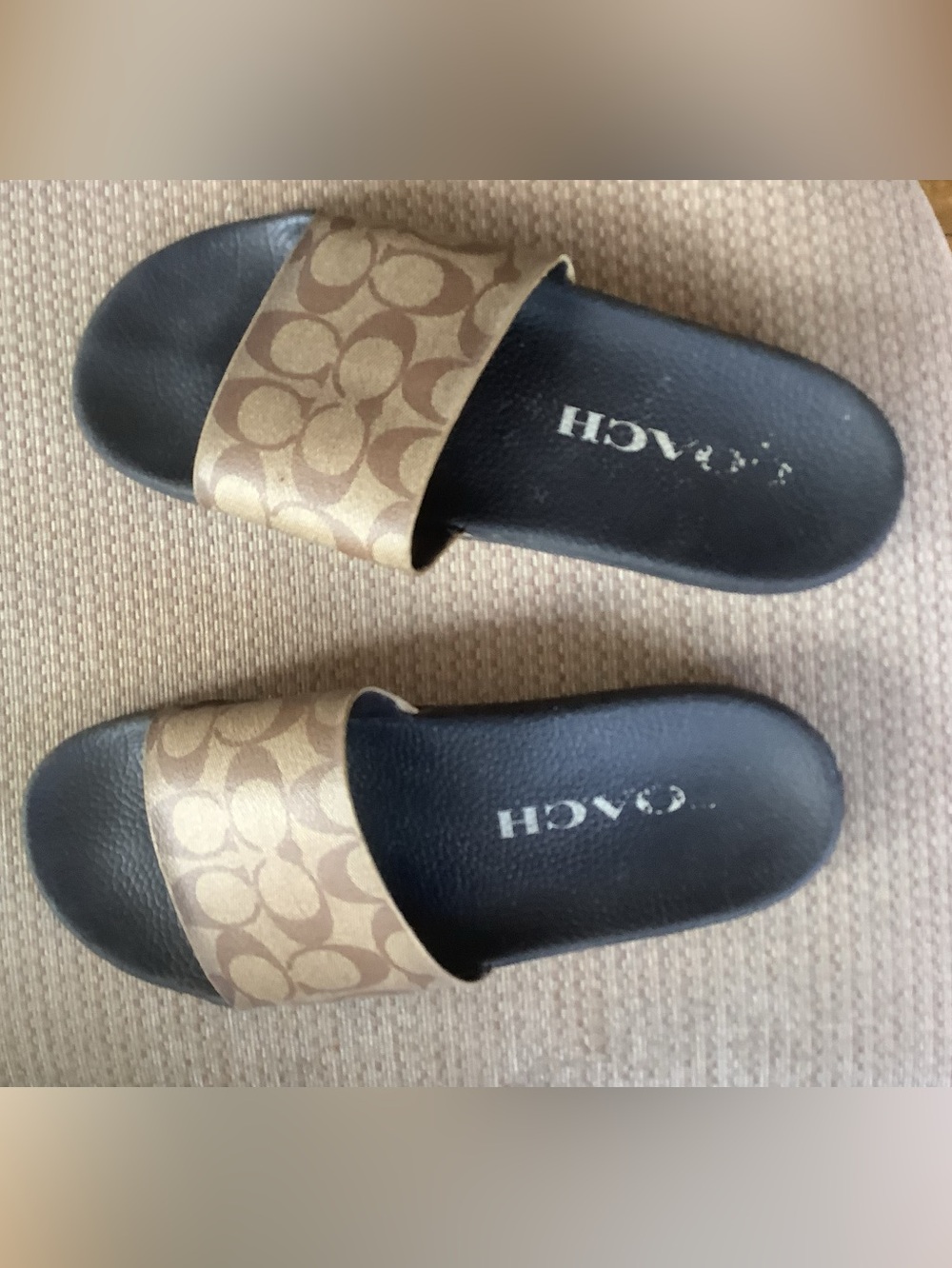 Coach Brown Signature Monogram Slide Sandals with Black Footbed